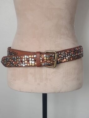 Vtg Y2K Brown Leather Studded Belt Heavy Rivet Punk Rock Western Statement Belt